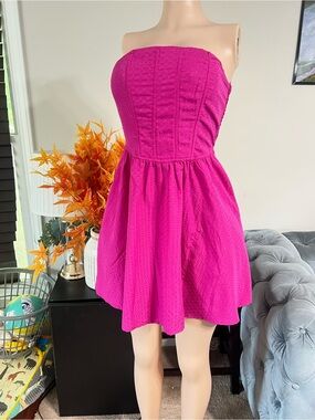 Strapless Fuchsia Eyelet Mini Dress with Gathered Skirt